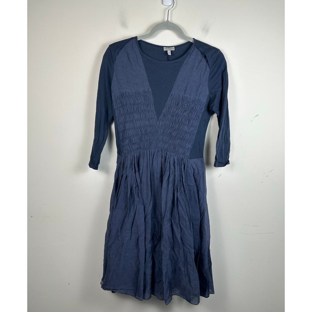 Morgane LeFay Dress Women Large Blue Silk Cotton Ruched Fit Flare EUC 1627